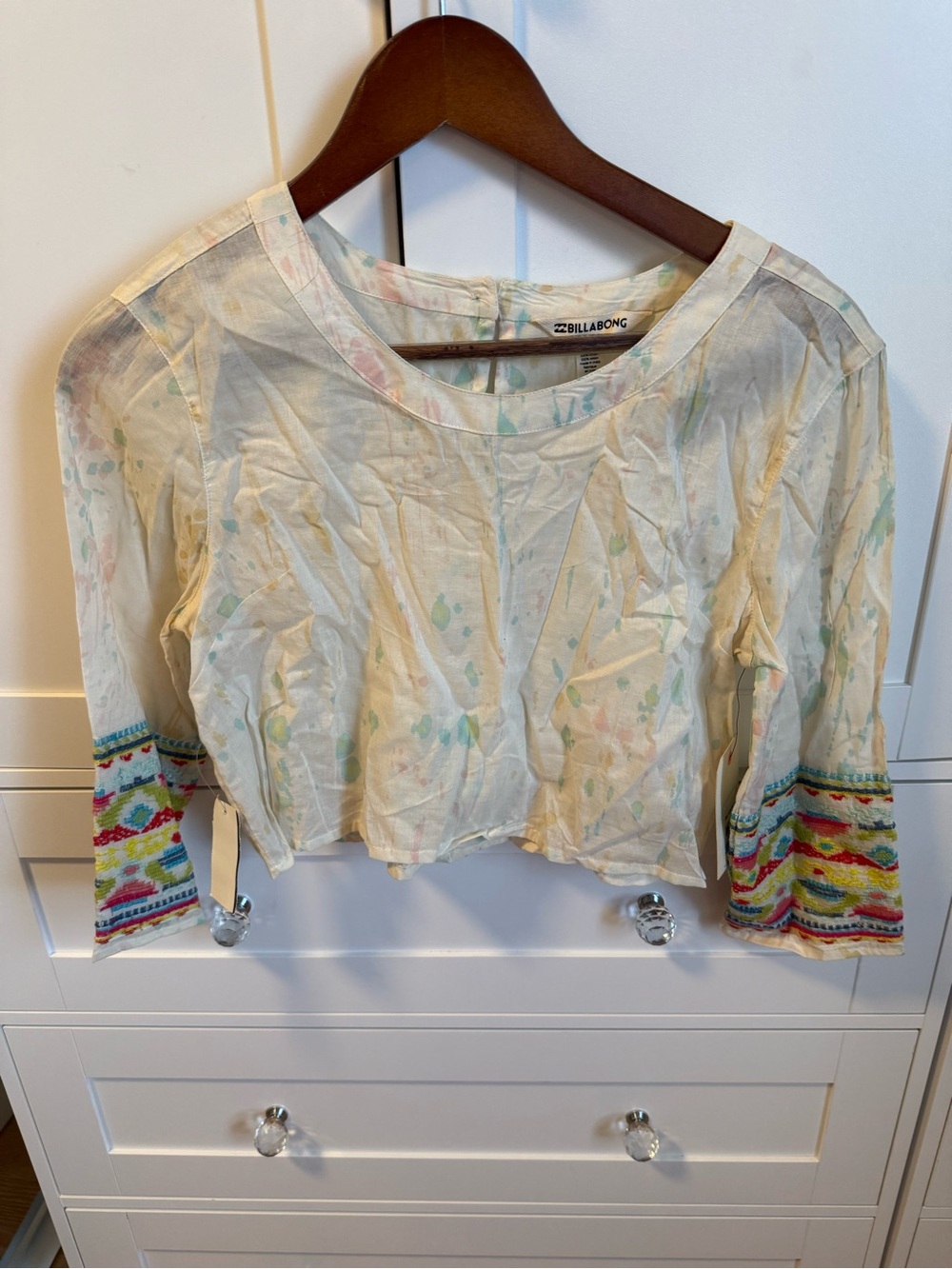 Billabong Cream Cropped Boho Top with Colorful Embroidered Cuffs